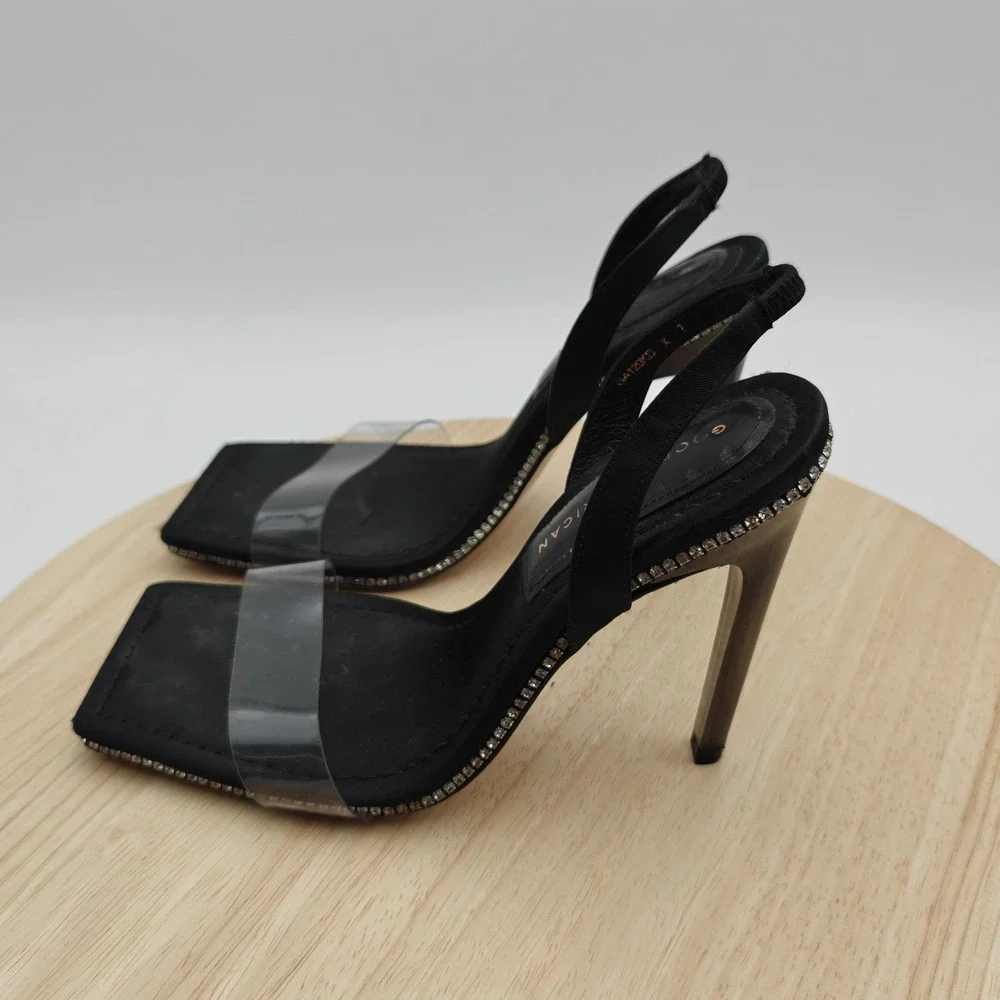 Good American Shoes Womens Size 7 Black Rhinestone Slingback Heels‎ Clear Strap